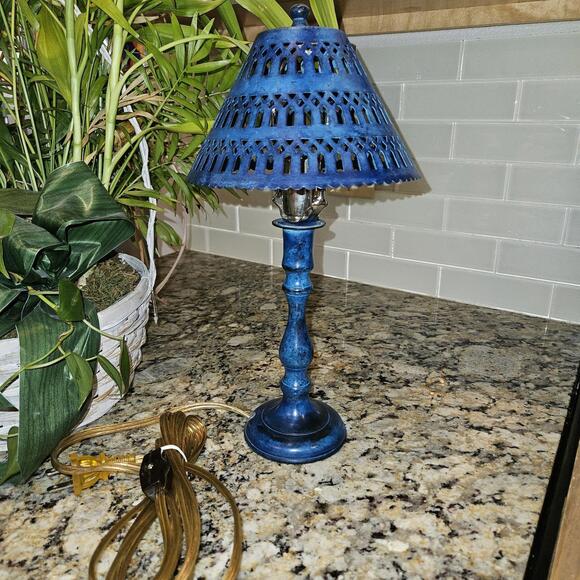 Vintage Metal Lamp With Pierced Metal Shade 13